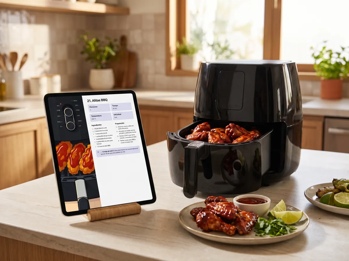 Tablet con la receta de Alitas BBQ del recetario junto a una freidora de aire con alitas recién hechas