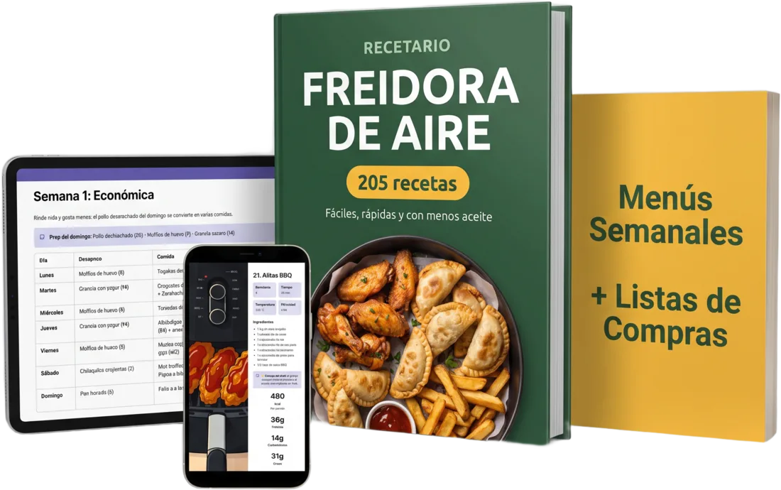 Todo lo que recibes: el recetario, los menús semanales con listas de compras y las recetas en tu celular y tablet