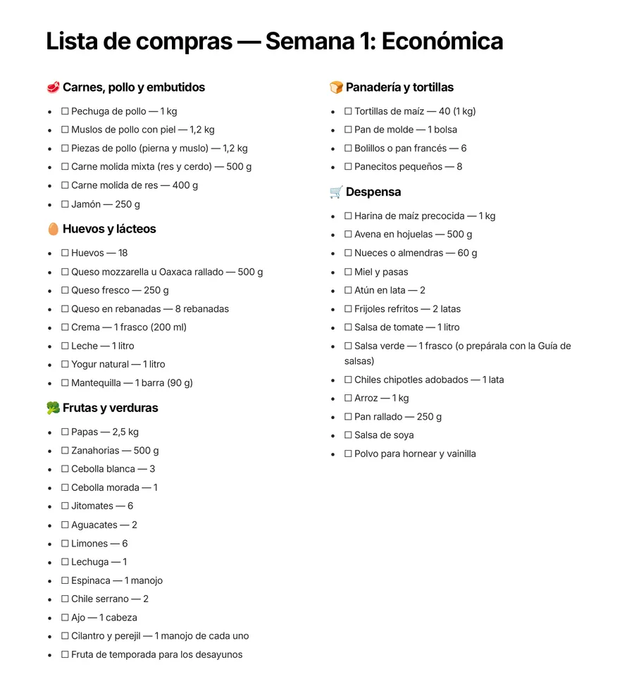 Lista de compras de la semana 1 organizada por sección del súper